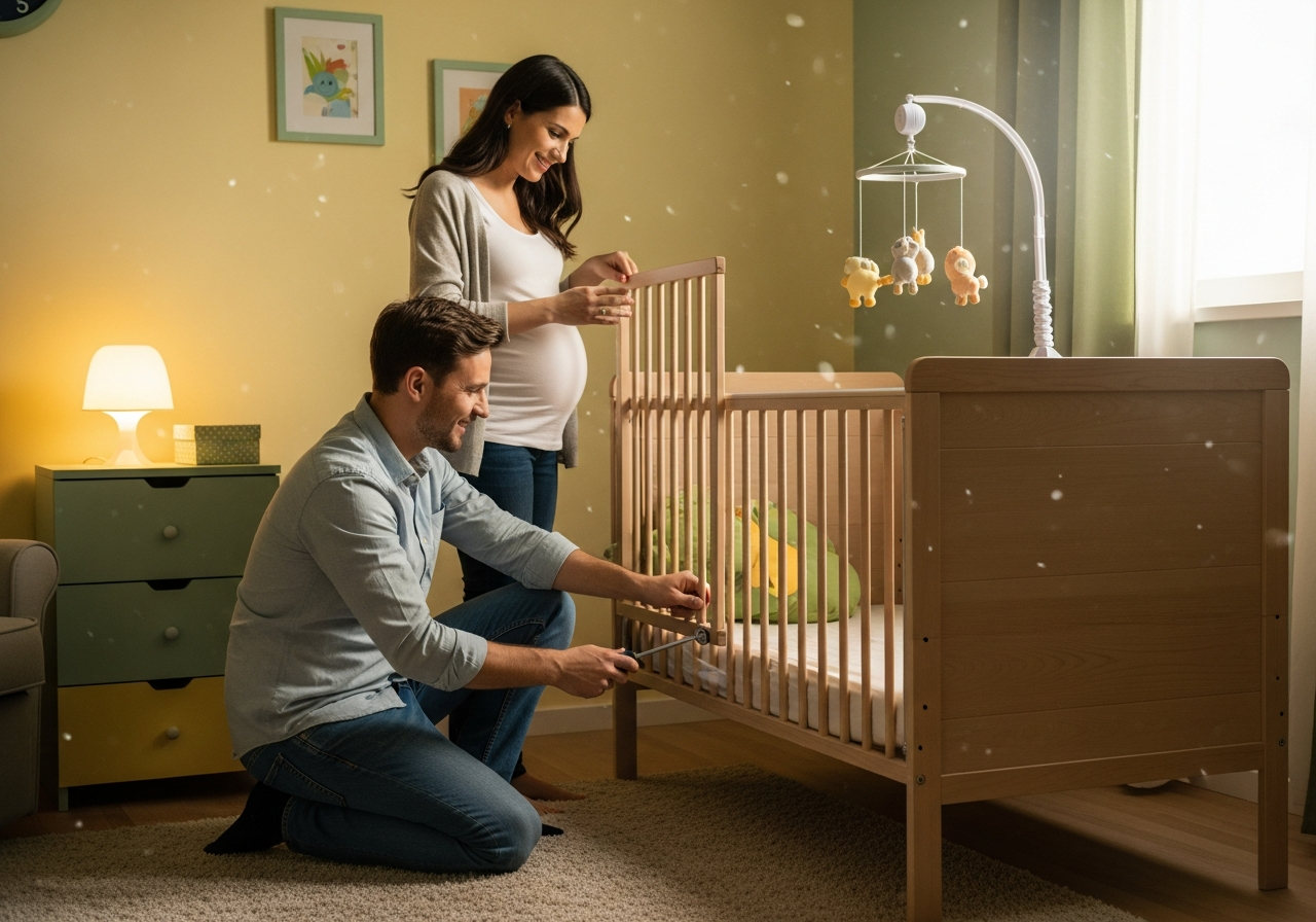 Couple preparing nursery for baby
