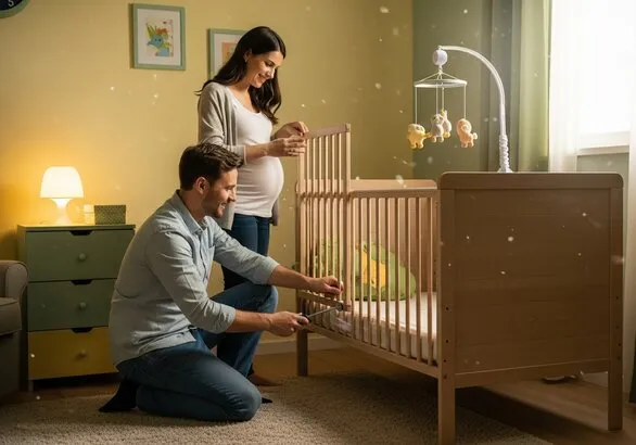 Couple preparing nursery for baby
