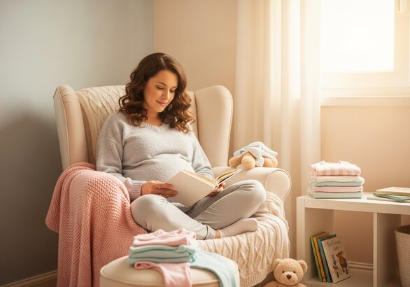 Expectant mother reading in nursery
