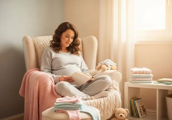 Expectant mother reading in nursery