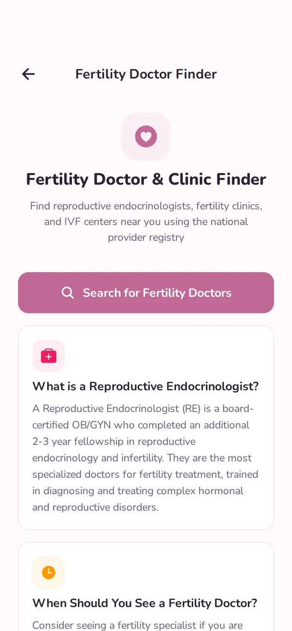 Fertility provider directory screen