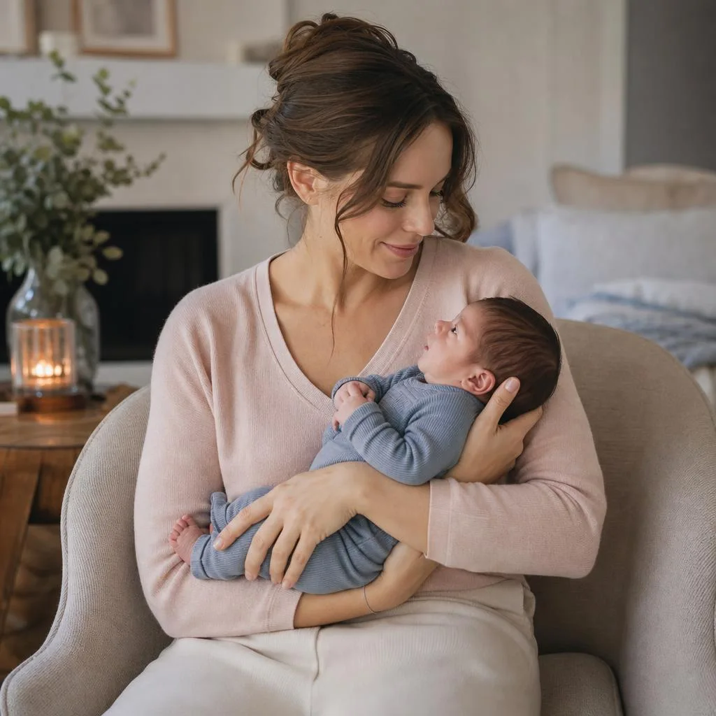 AI-generated lifestyle illustration of a parent holding their baby at home.