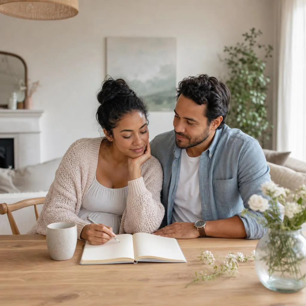 AI-generated lifestyle illustration of a couple planning together at home.