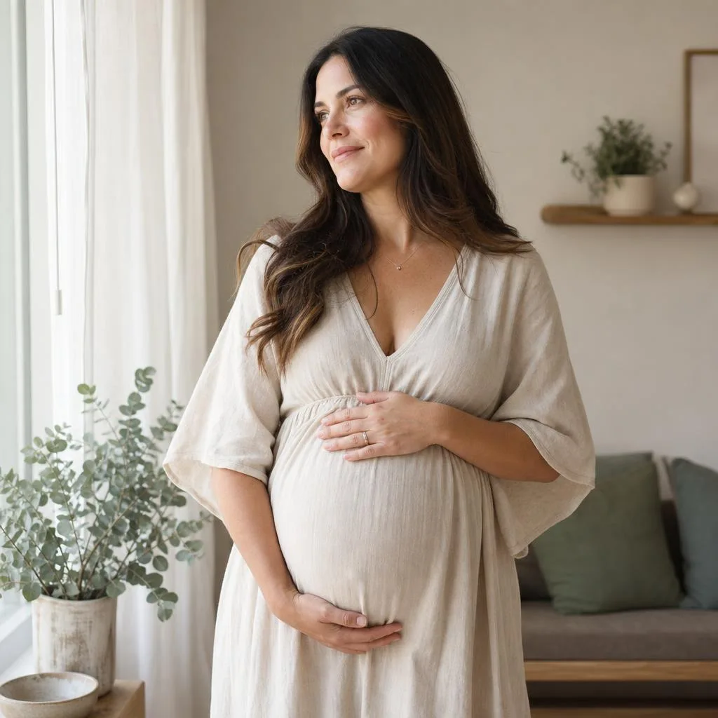 AI-generated lifestyle illustration of a pregnant person at home.
