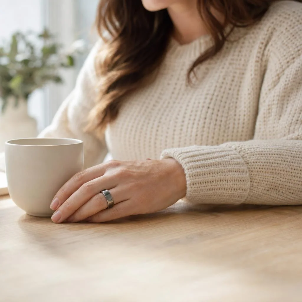 AI-generated lifestyle illustration of a quiet wellness moment with a smart ring.