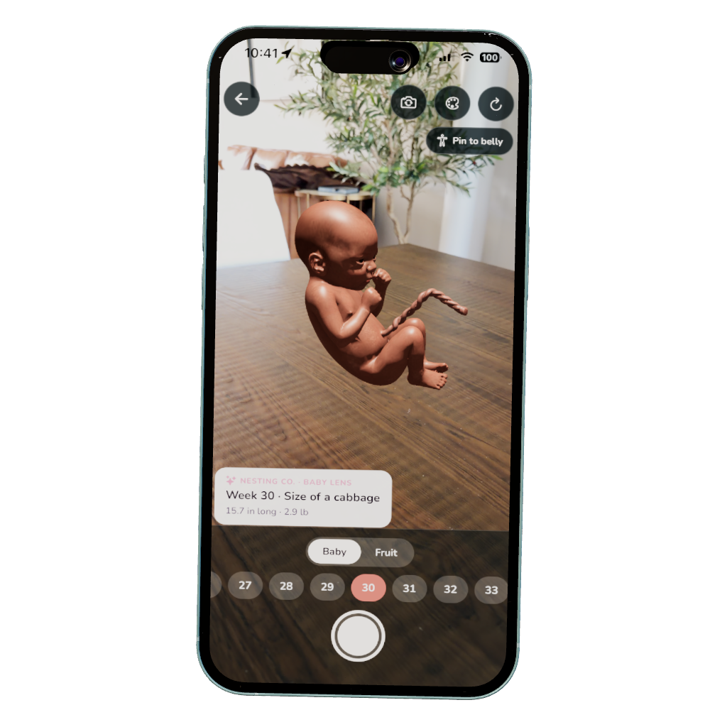 Baby Lens — week 30 visualization, not medical imaging — Nesting Co. app preview.