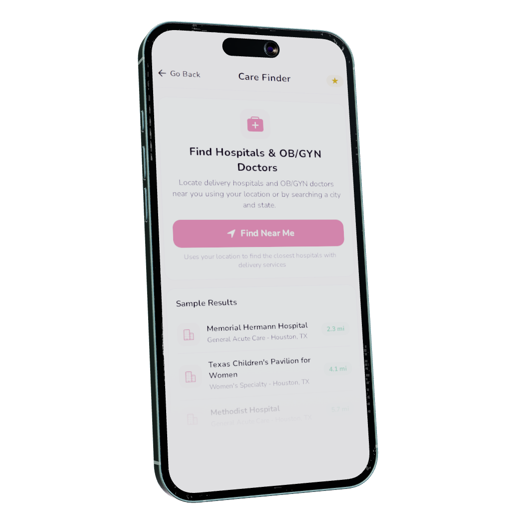 Care Finder — sample results — Nesting Co. app preview.