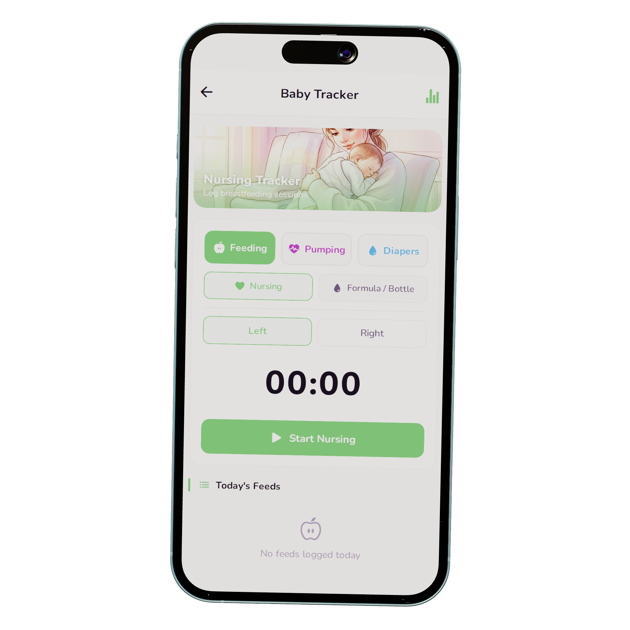 Nesting Co. Mom & Baby feeding and diaper log dashboard.