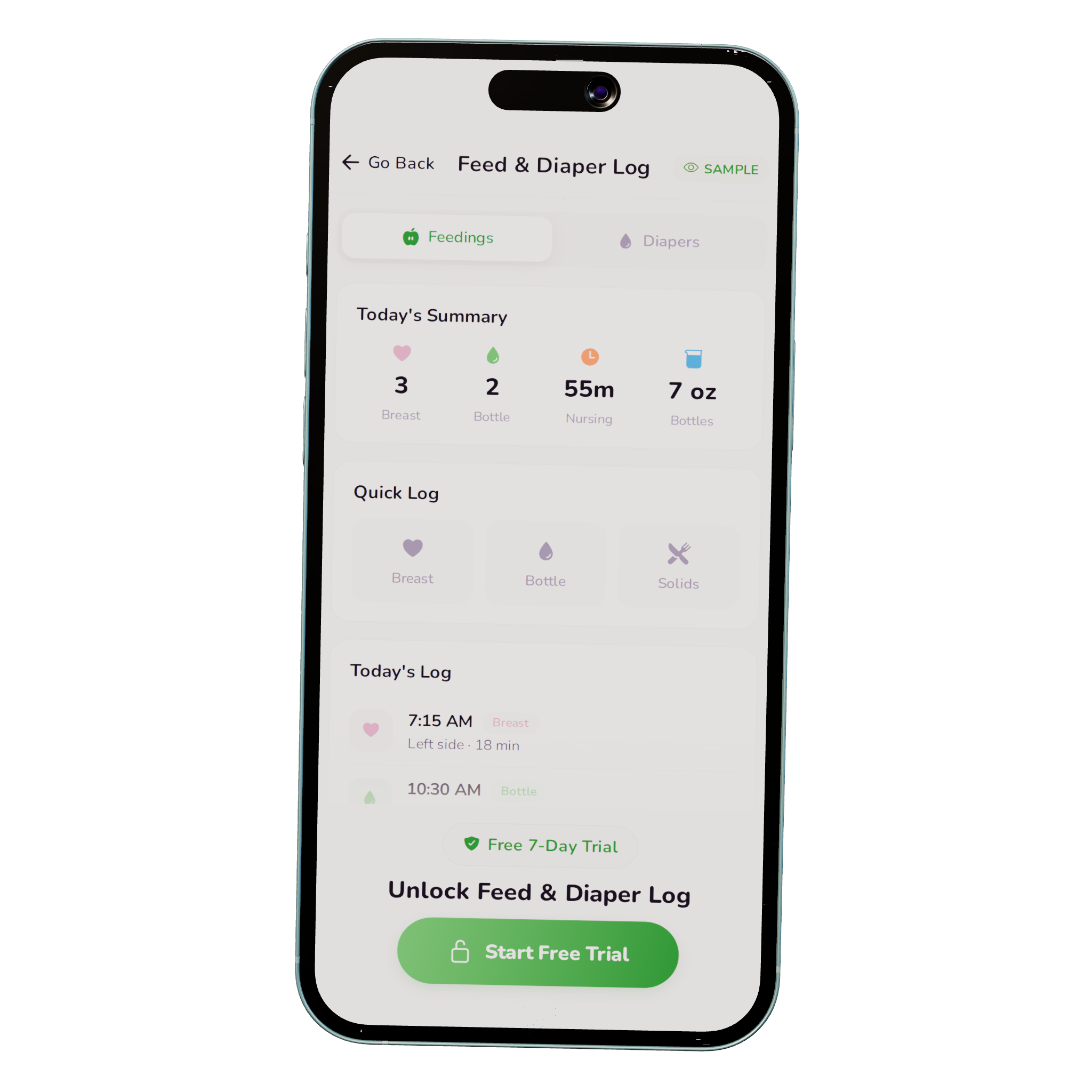 Nesting Co. Mom & Baby feeding and diaper log dashboard.