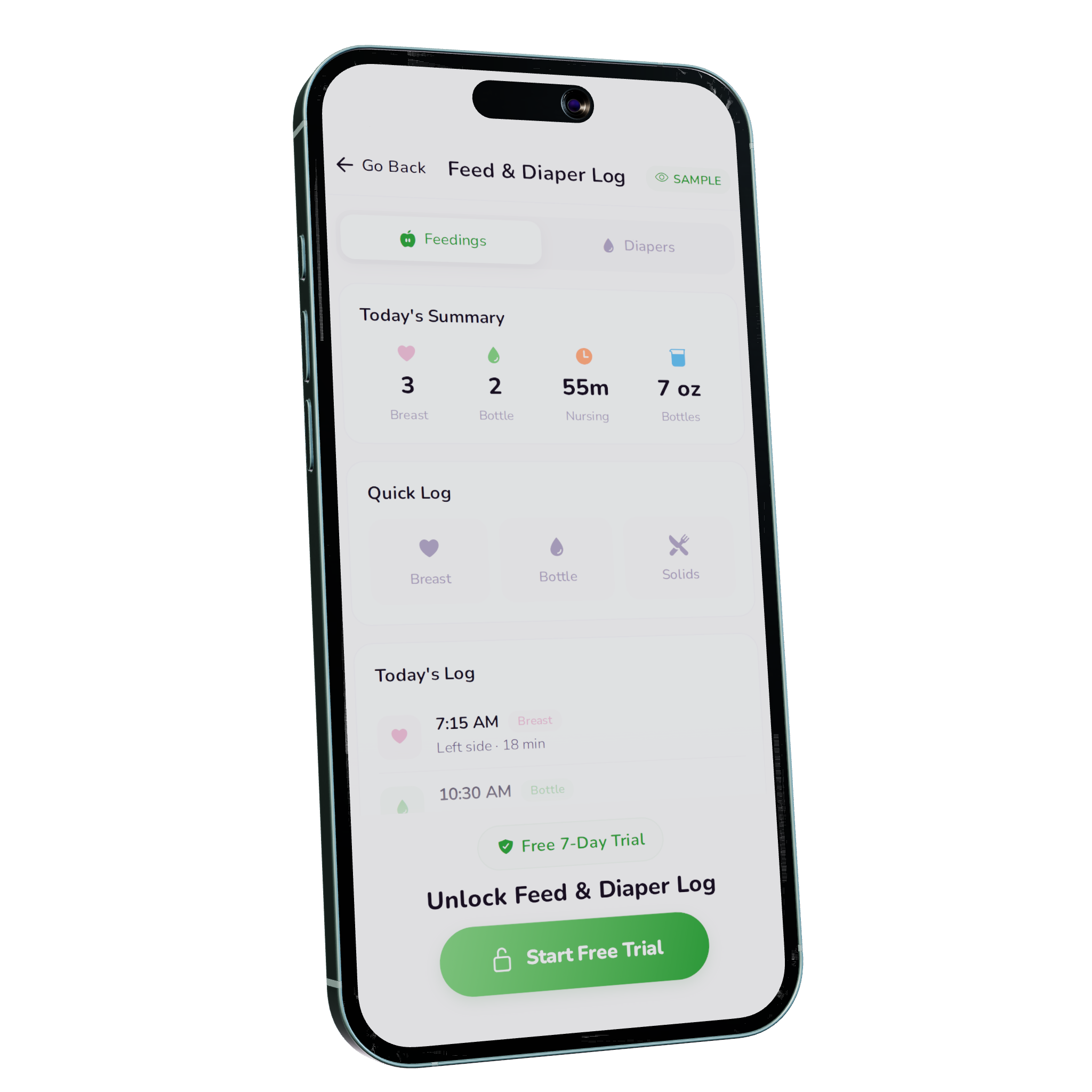 Nesting Co. Mom & Baby feeding and diaper log dashboard.