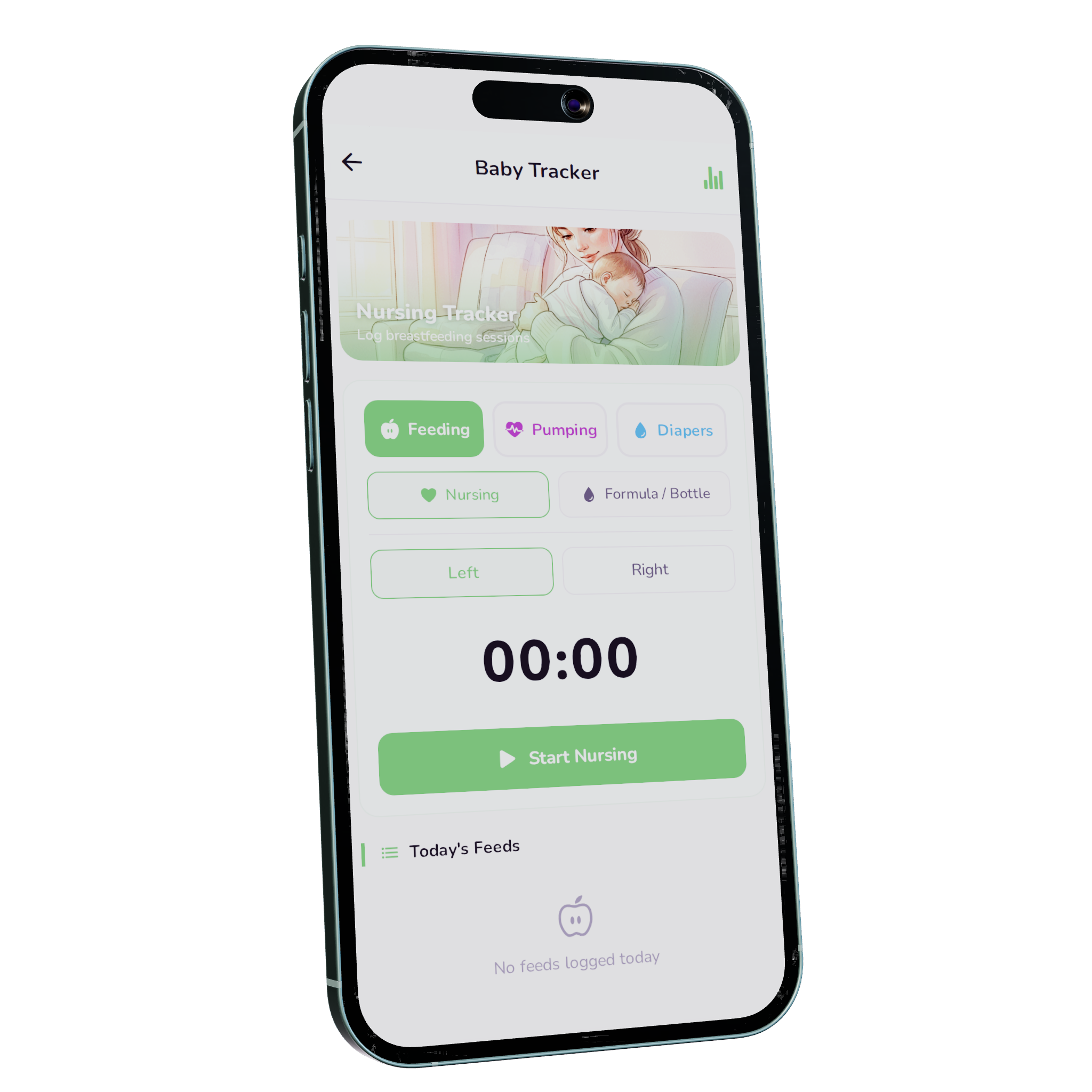 Nesting Co. Mom & Baby feeding and diaper log dashboard.